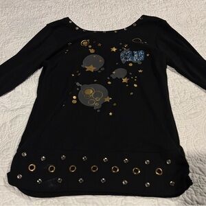 Black Long Sleeve Top with Gold and Silver Accents